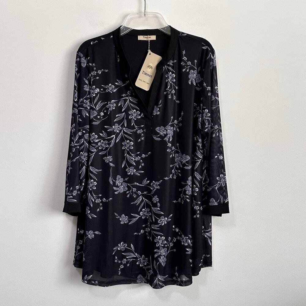 Timeson Popover Top XL Blouse Black Floral 3/4 Sleeve Lined V Neck Tunic NEW